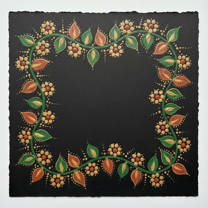A continuous vine border with alternating leaves and small flowers, outlined in black with occasional color.