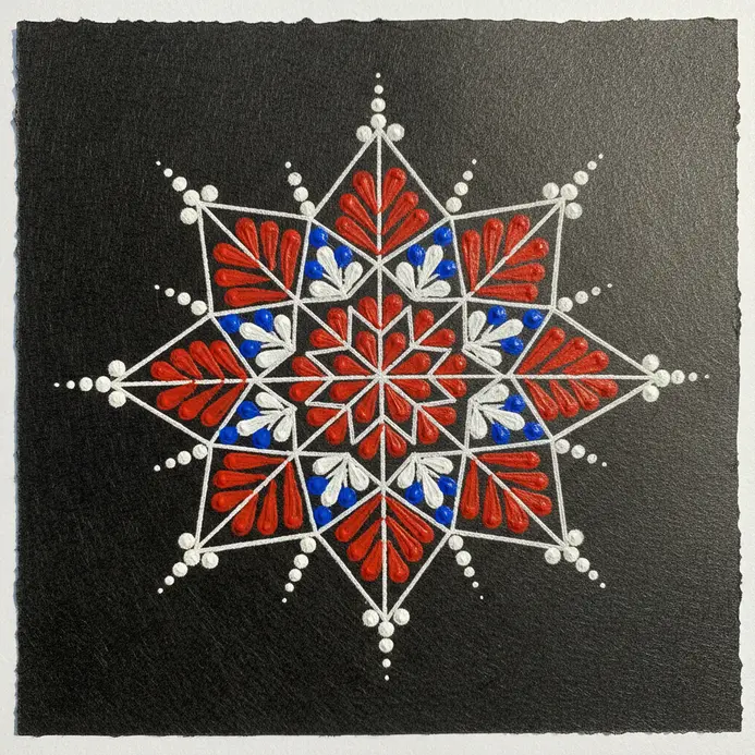 An eight-pointed star rangoli pattern drawn with a compass and ruler, filled with repetitive petal shapes.