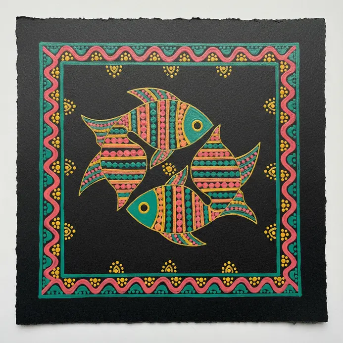 A pair of fish facing each other, their bodies filled with dots and stripes, Madhubani style with bright colors.