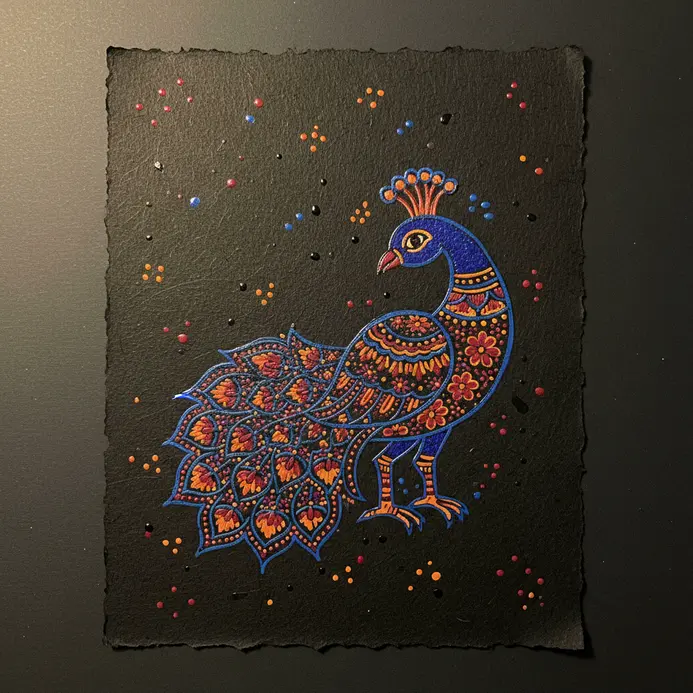 A peacock in Madhubani style with bold black outlines, its feathers filled with tiny pink and orange floral patterns, on handmade paper.