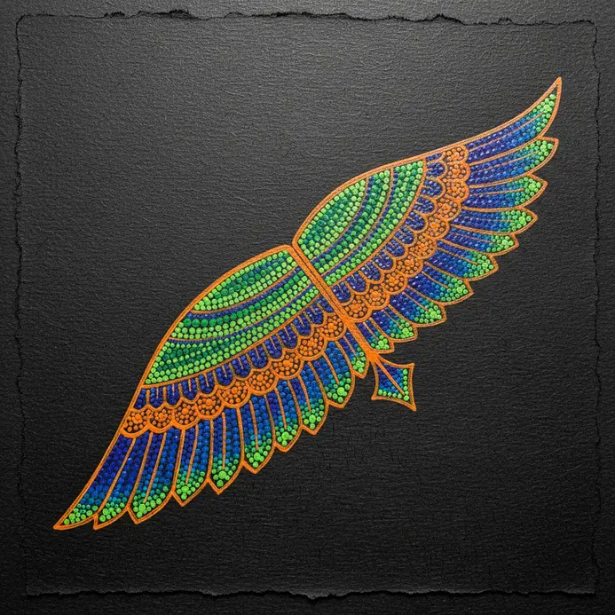 A bird wing opened to show layered dotted patterns, each feather defined by bold outlines, on textured paper.