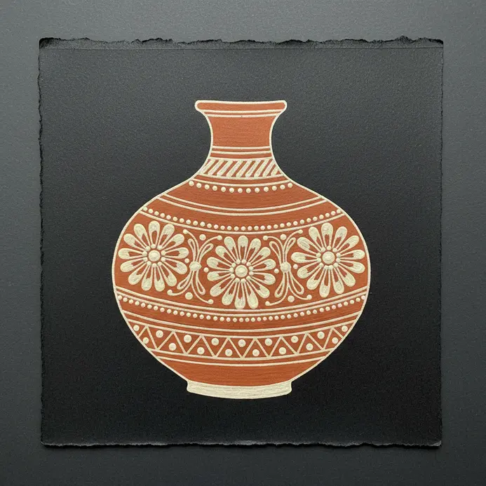 A clay water pot with a narrow neck and wide belly, decorated with simple line patterns and a floral motif.