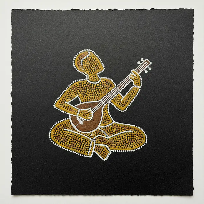 A seated figure playing a string instrument, drawn with minimal lines and a few color blocks, folk style.