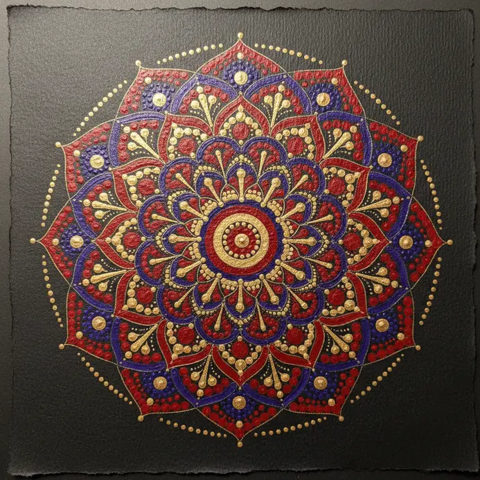 A central flower mandala with concentric circles and petal patterns, drawn in black ink, ready for coloring.
