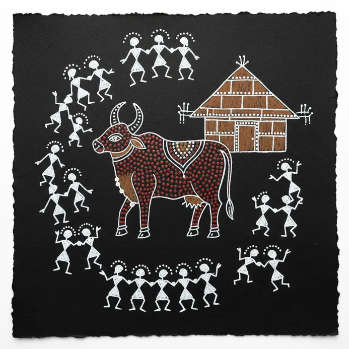 A Warli cow with a curved horn, standing near a hut, drawn in white on a dark background with stick figures.