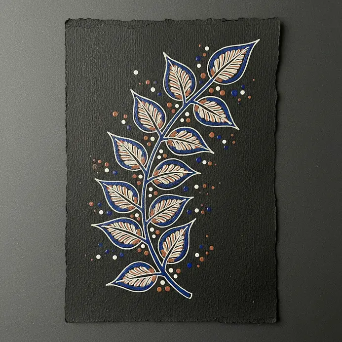 A branch with simple leaves and a bud, outlined with a fine pen in Kalamkari fluid style, on off-white paper.