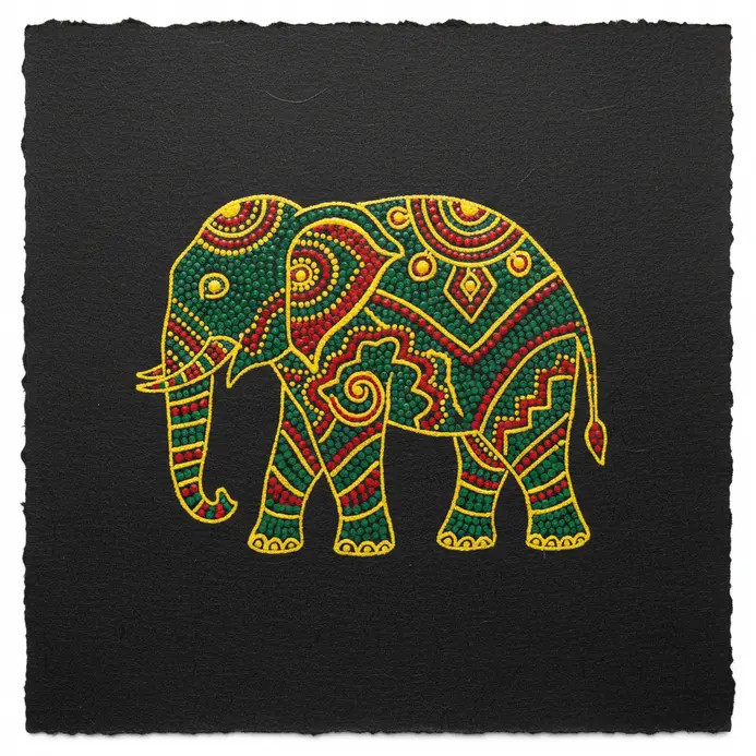 A stylized elephant filled with intricate dot patterns, drawn in black marker on white paper.