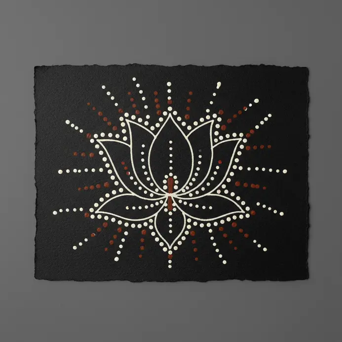 A lotus flower outlined in black ink with simple, curved petals, showcasing Kalamkari pen work.