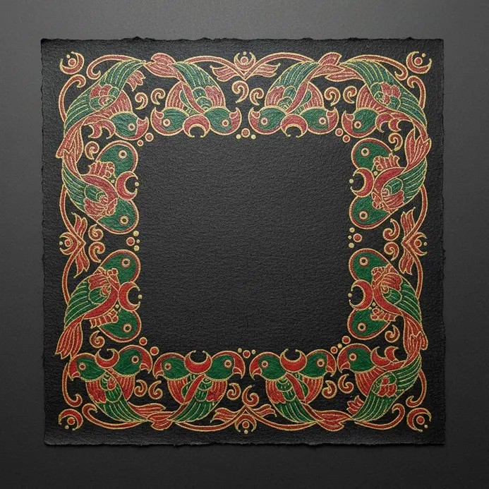 A repetitive border of folk parrots facing each other, colored in red and green, framed by gold lines.