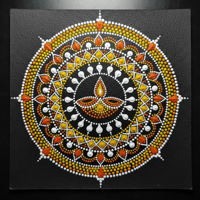 A symmetrical rangoli design of a diya lamp, drawn with white gel pen on dark paper, surrounded by geometric petals.