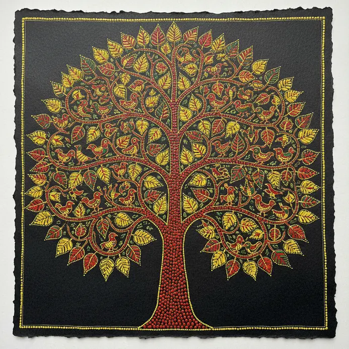 A tree with detailed branches filled with birds, leaves, and geometric patterns, Madhubani style, drawn in black ink on cream paper.