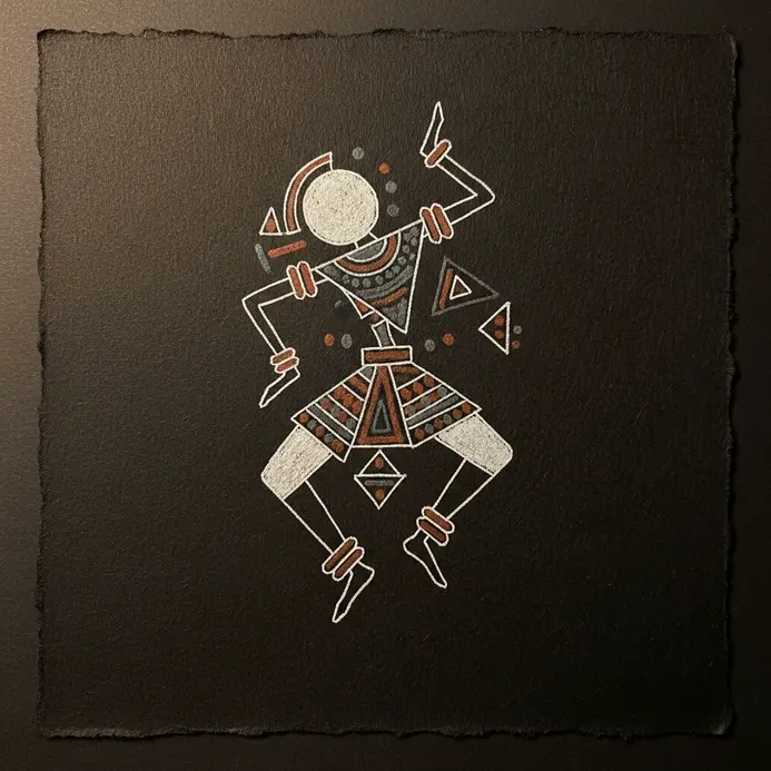 A simple stick figure dancer composed of triangles and circles, executed in black ink on paper.