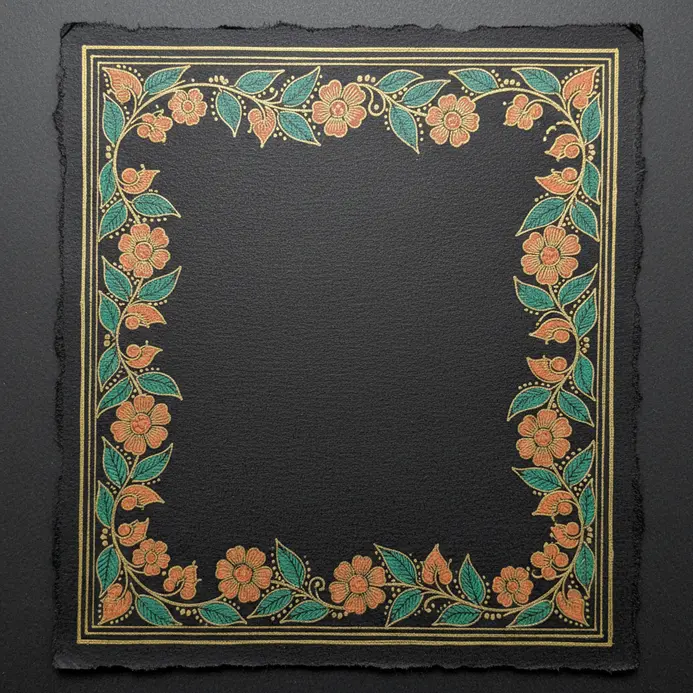 A decorative border pattern featuring leaves and flowers outlined with two parallel ink lines.
