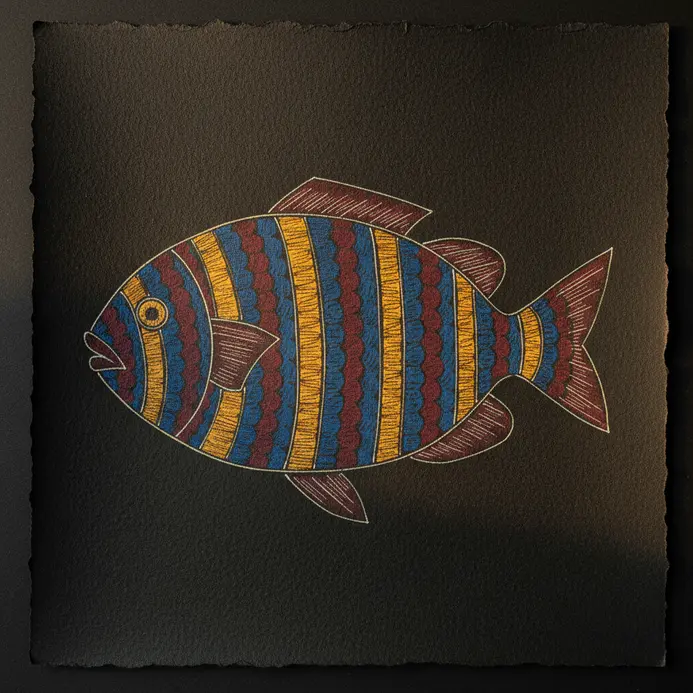 A simple, stylized fish outline filled with parallel stripes, drawn with a fine liner pen.