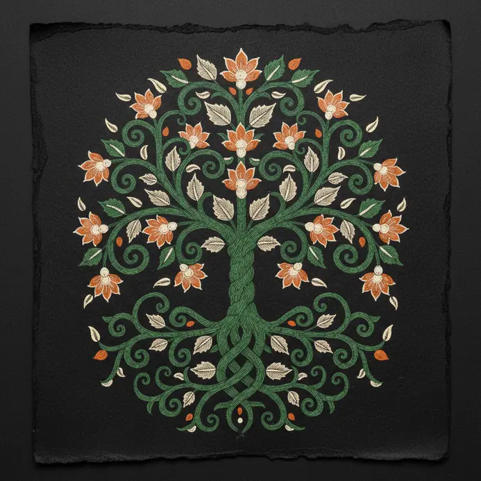A symmetrical tree drawing with curling branches and roots, created with a single continuous line.