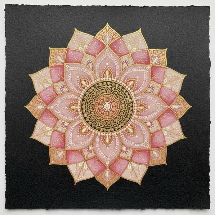A perfectly symmetrical lotus flower with layered petals, drawn in black ink.