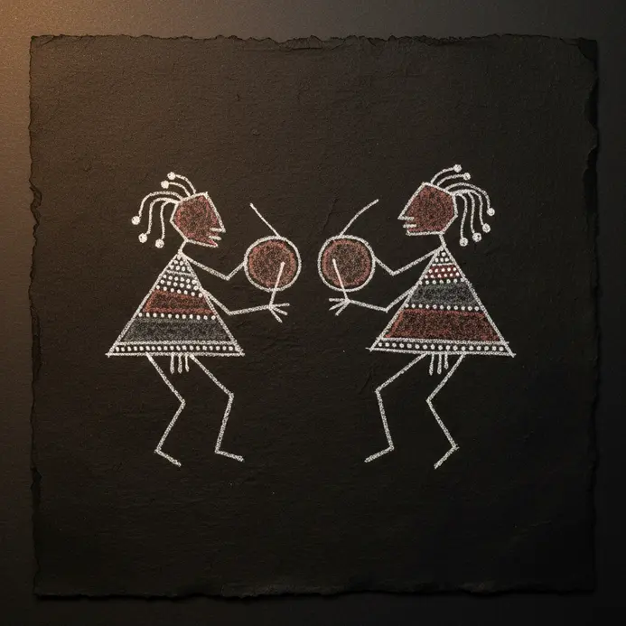 Two minimalist stick figures holding drums, depicted in the triangular style of Warli art.
