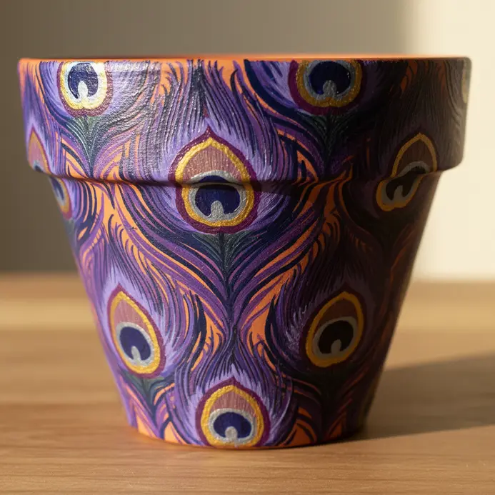 The detailed eye of a peacock feather painted in deep purple and blue hues.