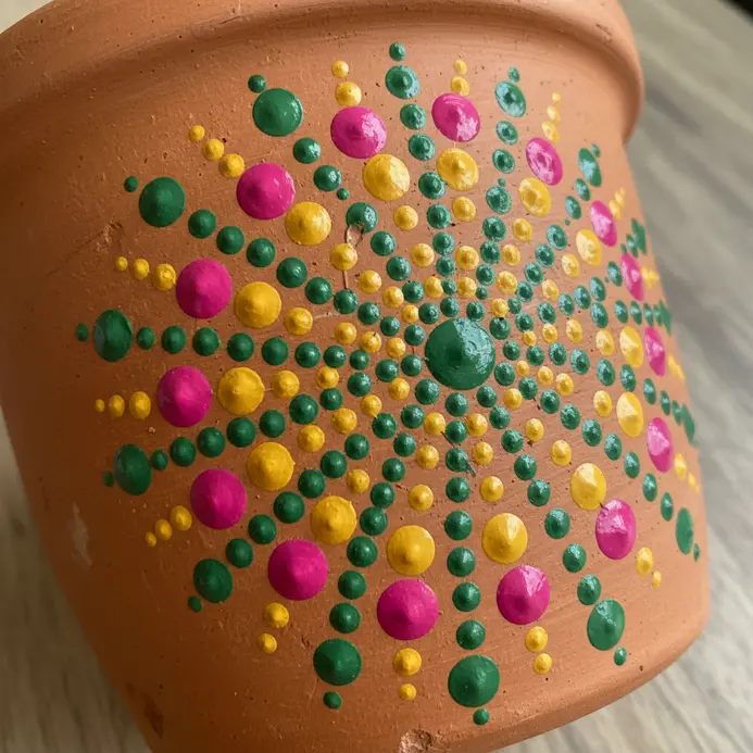 A mandala pattern made from multicolored dots radiating from the center of a pot's surface.
