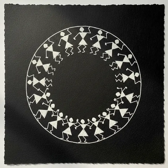 Monochrome Warli dancing human figures drawn with black fine liner on white paper, showing stick limbs and triangular bodies.