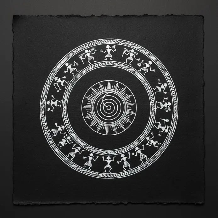Warli sun and moon motif drawn as concentric circles with stick figure accents in black ink.