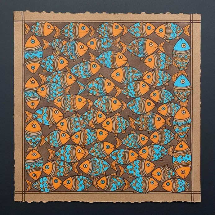 Small Madhubani square painting of fish motif filled with detailed linework and bright orange accents.