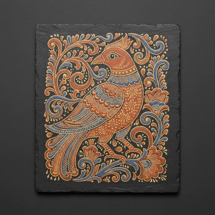 Detailed bird motif Pattachitra panel with fine brush lines and natural ochre and white tones.