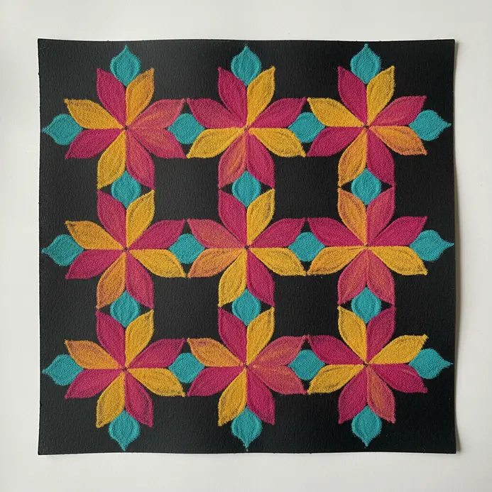 Floral Rangoli square design with grid-based geometric petals in pink, yellow, and blue.