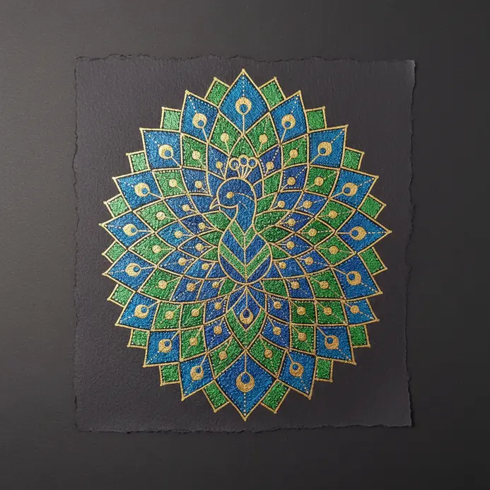 Madhubani peacock with geometric patterns filled using bright blue and green poster colors on hand-made paper.