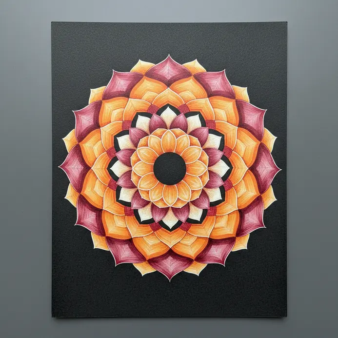 Black ink mandala drawing of lotus petals arranged in radial symmetry on white drawing paper.