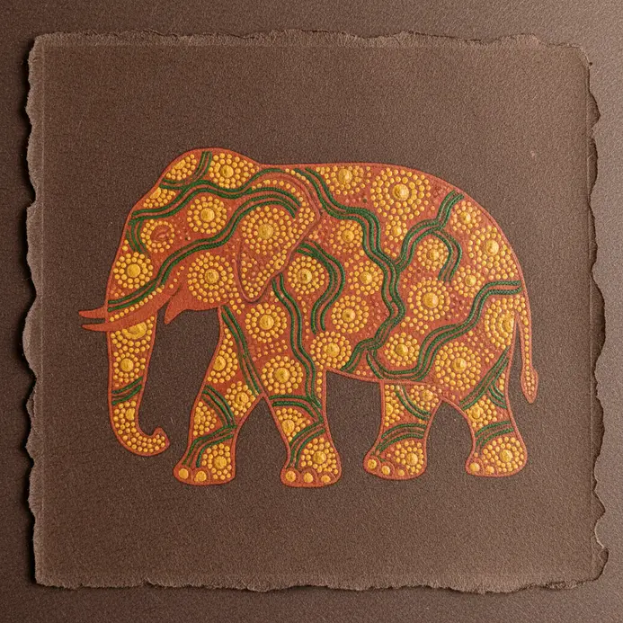 Gond art elephant painted with intricate dot patterns in orange, yellow, and black on grey paper.