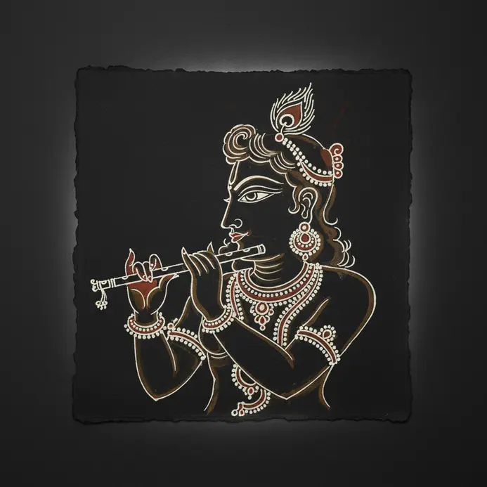 Pattachitra sketch of Lord Krishna playing flute, outlined in black with minimal details on parchment.