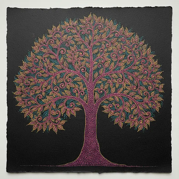 Gond painting of a tree of life with branching patterns and dotted leaves in teal and magenta.