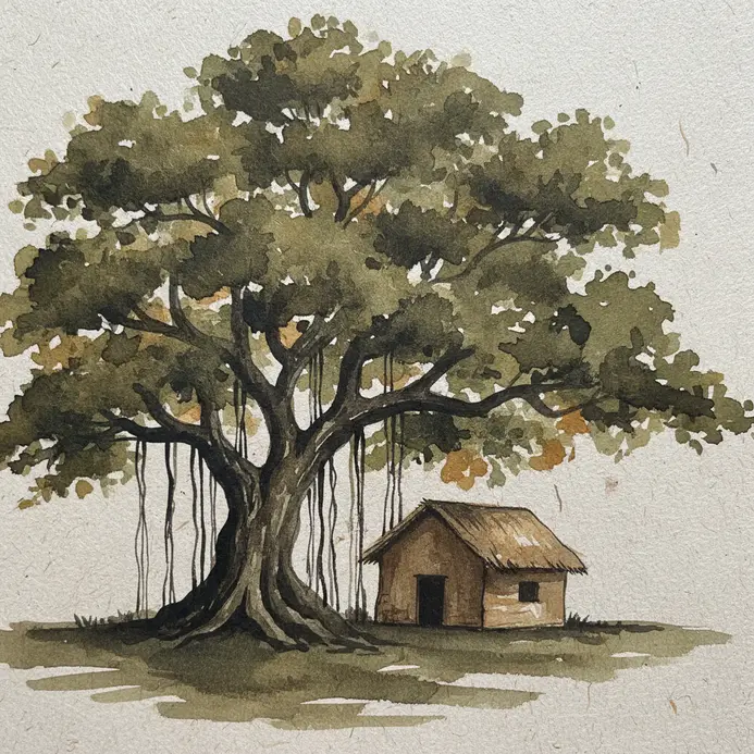 A small mud hut sits in the shade of a sprawling banyan tree with thick roots.