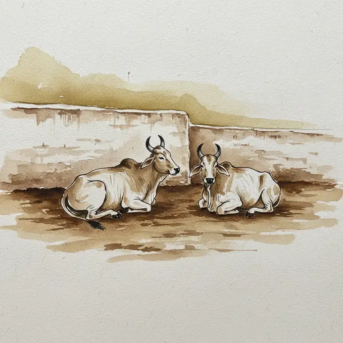 Two cows rest in the shade of a mud wall along a narrow village lane.