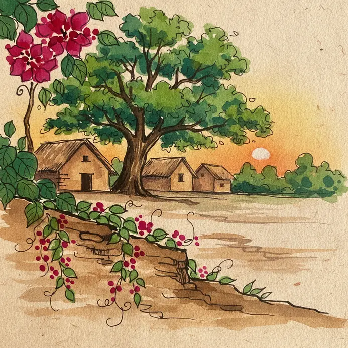 Bright flowering vines climb up the side of a mud porch.