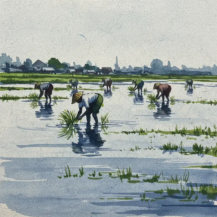 Farmers in conical hats work in a vibrant green paddy field.