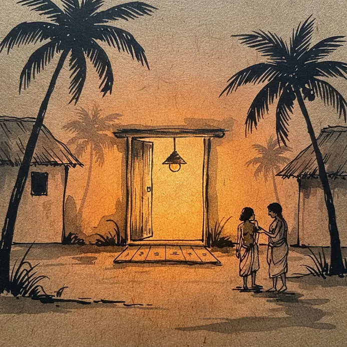 The soft glow of a lantern illuminates a hut doorway in the evening.