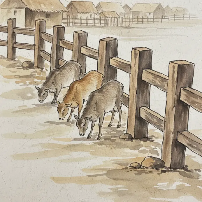 A small group of goats grazes near a simple wooden fence.