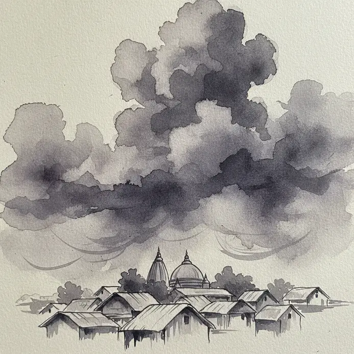 Dark storm clouds gather over a cluster of thatched-roof huts.