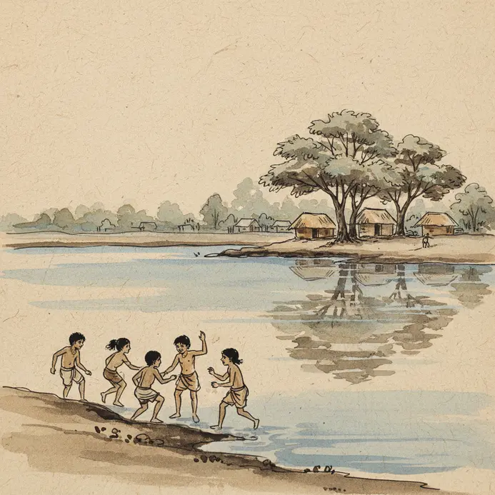 Simple figures of children play near the edge of a village pond.