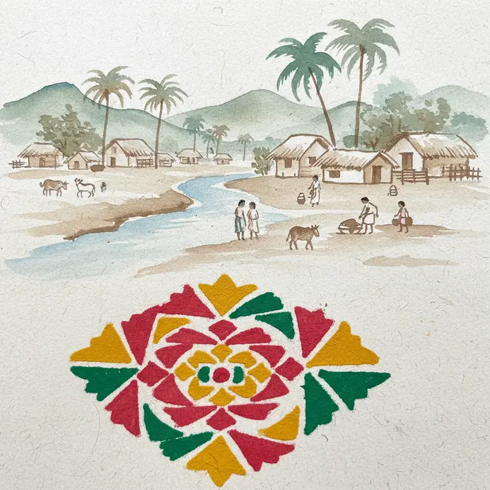A symmetrical, colorful rangoli pattern is drawn on a courtyard floor.
