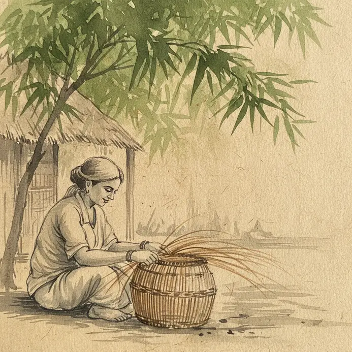 A person sits under bamboo shade, weaving a basket from natural materials.