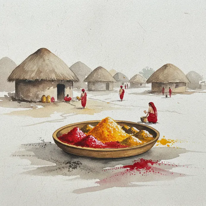 Bright red and yellow spices dry on a large circular clay platter.