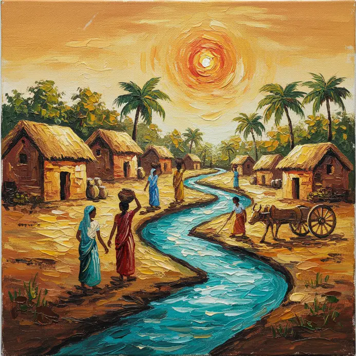 A woman in a sari walks along a path with a clay water pot balanced on her head.