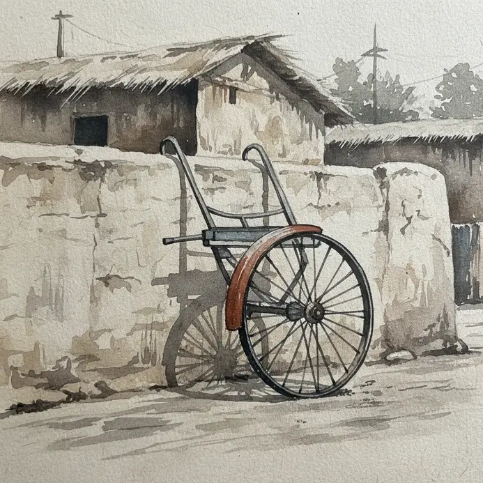 A simple bicycle leans against a textured mud-plastered wall.