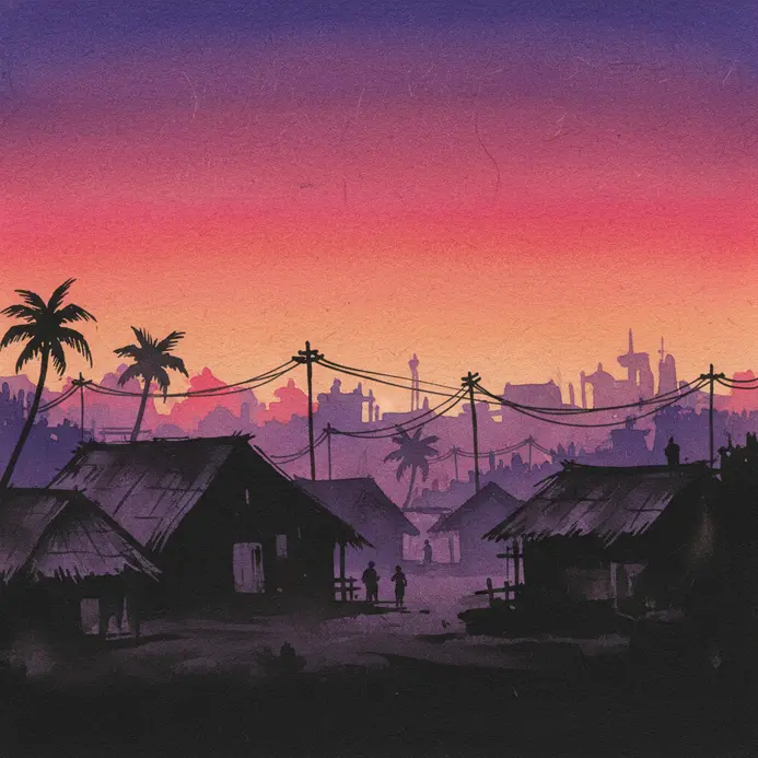 The dark silhouettes of village huts stand against a vibrant sunset sky.