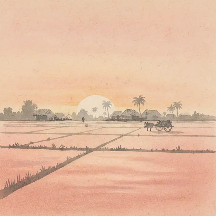 A warm sunrise casts light over distant fields and the silhouettes of village huts.