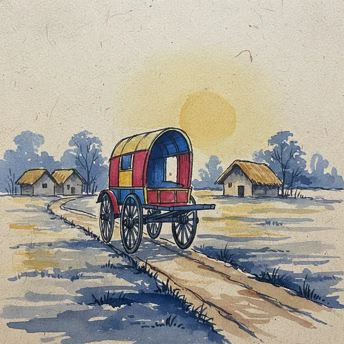 A decorated wooden bullock cart travels down a dusty village path.