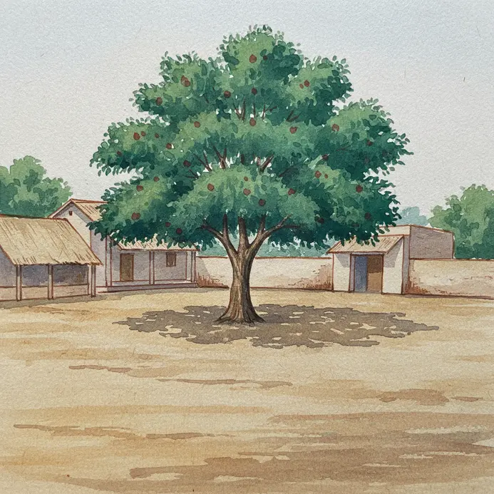 A simple mud courtyard features a large mango tree with green leaves.